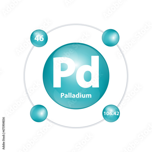 Icon structure Palladium (Pd) chemical element round shape circle dark green with surround ring Number shows of energy levels of electron. Study science for education 3D Illustration vector.
