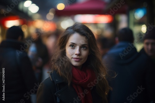 Portrait of a beautiful young woman in the city at night. © Nerea