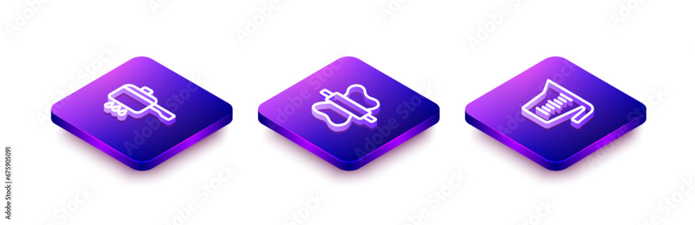 Set Isometric line Cooking pot on fire, Rolling pin dough and Measuring cup icon. Vector Set Isometric line Cooking pot on fire, Rolling pin dough and Measuring cup icon. Vector