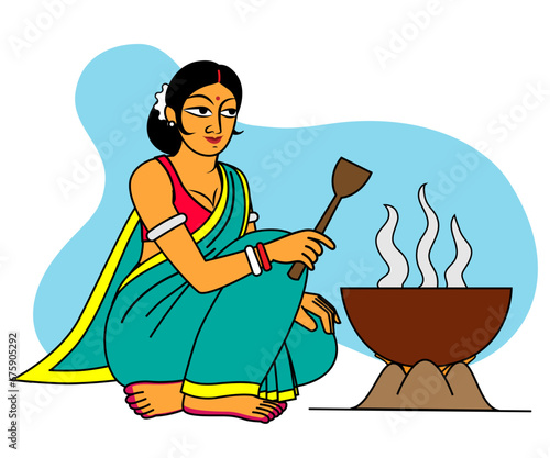 Bangali wife cooking. Traditional dressed Bangali lady, Indian lady, seated cooking, Bengali culture, romantic mood, Indian dressed. Indian character, 20th century, vector illustration