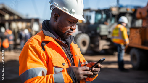 Black African mining construction worker with smartphone