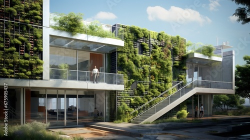 A sustainable office with living walls, rainwater collection, and integrated solar panels.