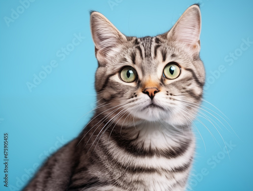 shot of a cat sitting on blue background © nitikarn