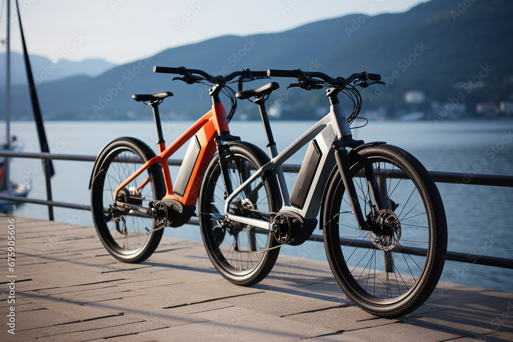 Fototapeta premium Two Modern Electric Bicycles by the Lake – Sustainable Mobility and Outdoor Lifestyle Background