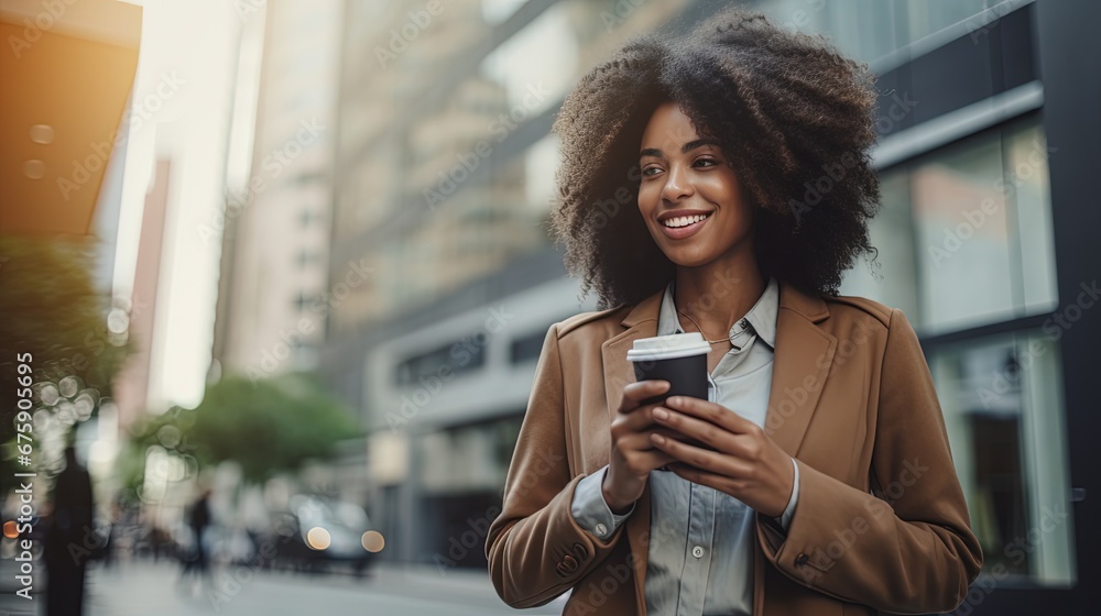 Fototapeta premium Office girl of African descent Or executives are standing and walking on the street using their phones to make transactions, for example. fintech in a business district with tall buildings