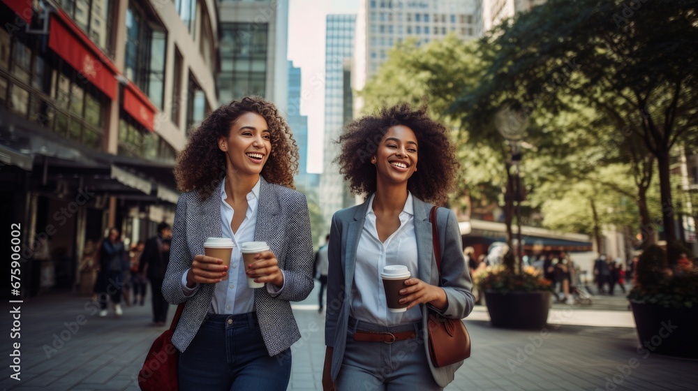Office girl of African descent Or executives are standing and walking on the street using their phones to make transactions, for example. fintech in a business district with tall buildings Office girl of African descent Or executives are standing and walking on the street using their phones to make transactions, for example. fintech in a business district with tall buildings