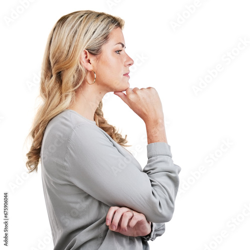 Isolated woman, profile and thinking with chin, memory and confused with decision by transparent png background. Girl, ideas and remember with choice, vision and brainstorming for problem solving photo