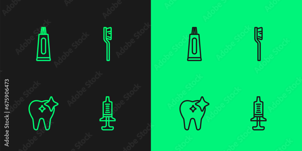 Set line Syringe, Tooth whitening, Tube of toothpaste and Toothbrush icon. Vector Set line Syringe, Tooth whitening, Tube of toothpaste and Toothbrush icon. Vector