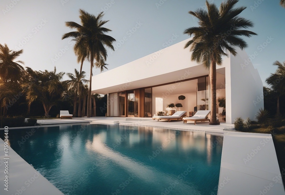 Exterior of amazing modern minimalist cubic villa with large swimming pool among palm trees