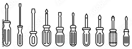 Screwdriver icons set. Collection of various screwdrivers in flat linear design.