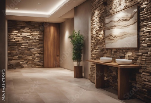 Coastal interior design of modern entrance hall with stone tiles wall and wooden rustic elements