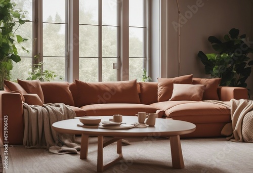 Cozy terra cotta fabric corner sofa near window Scandinavian interior design of modern living room © ArtisticLens