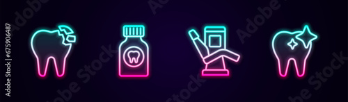 Set line Broken tooth, Toothache painkiller tablet, Medical dental chair and whitening. Glowing neon icon. Vector