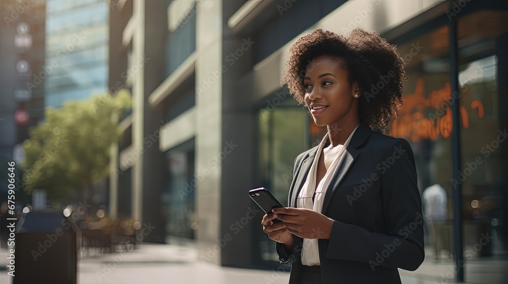 Office girl of African descent Or executives are standing and walking on the street using their phones to make transactions, for example. fintech in a business district with tall buildings Office girl of African descent Or executives are standing and walking on the street using their phones to make transactions, for example. fintech in a business district with tall buildings