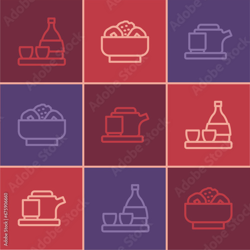 Set line Bottle of sake, Traditional tea ceremony and Chow mein plate icon. Vector