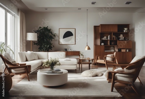 Mid-century interior design of modern living room with white sofa and wooden chairs
