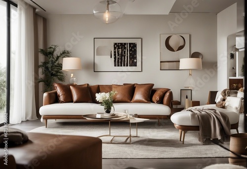 Mid-century style home interior design of modern living room with white sofa and brown leather armchair