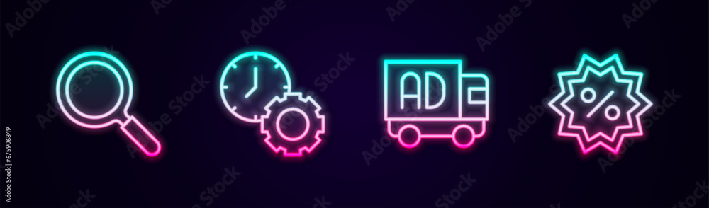 Set line Magnifying glass, Time management, Advertising on truck and Discount percent tag. Glowing neon icon. Vector Set line Magnifying glass, Time management, Advertising on truck and Discount percent tag. Glowing neon icon. Vector