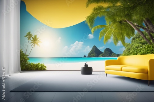 Einrichtungsidee veranschaulicht die Wirkung von Fototapeten. Ein modernes gelbes Sofa steht vor einer Tapete, auf der eine tropische Insel abgebildet ist. © Juergen Baur