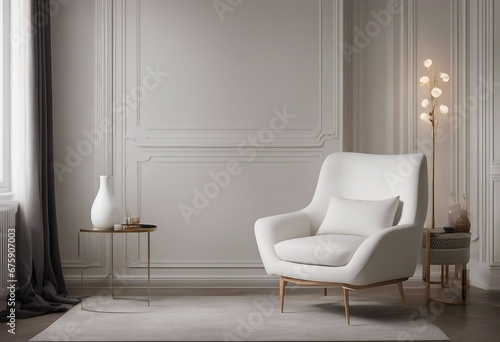 White armchair and poster on the wall Interior design of modern neoclassical living room
