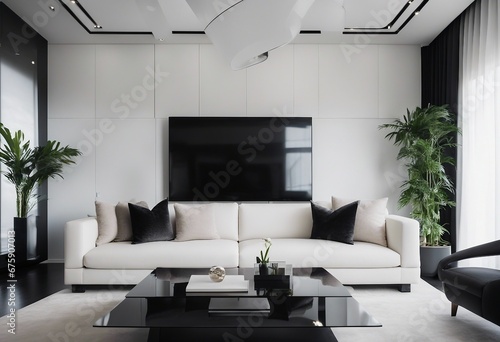 White sofa against tv unit Minimalist luxury home or hotel interior design of modern living room
