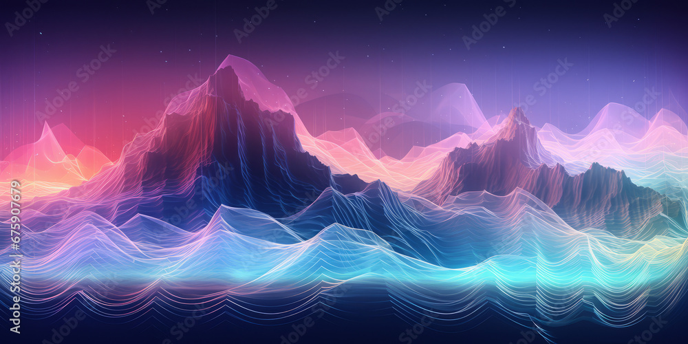 An abstract electronic wave background with multicolored landscapes, mountainous vistas, and soft edges, creating a vibrant and smokey atmosphere through the use of light and shadow.
