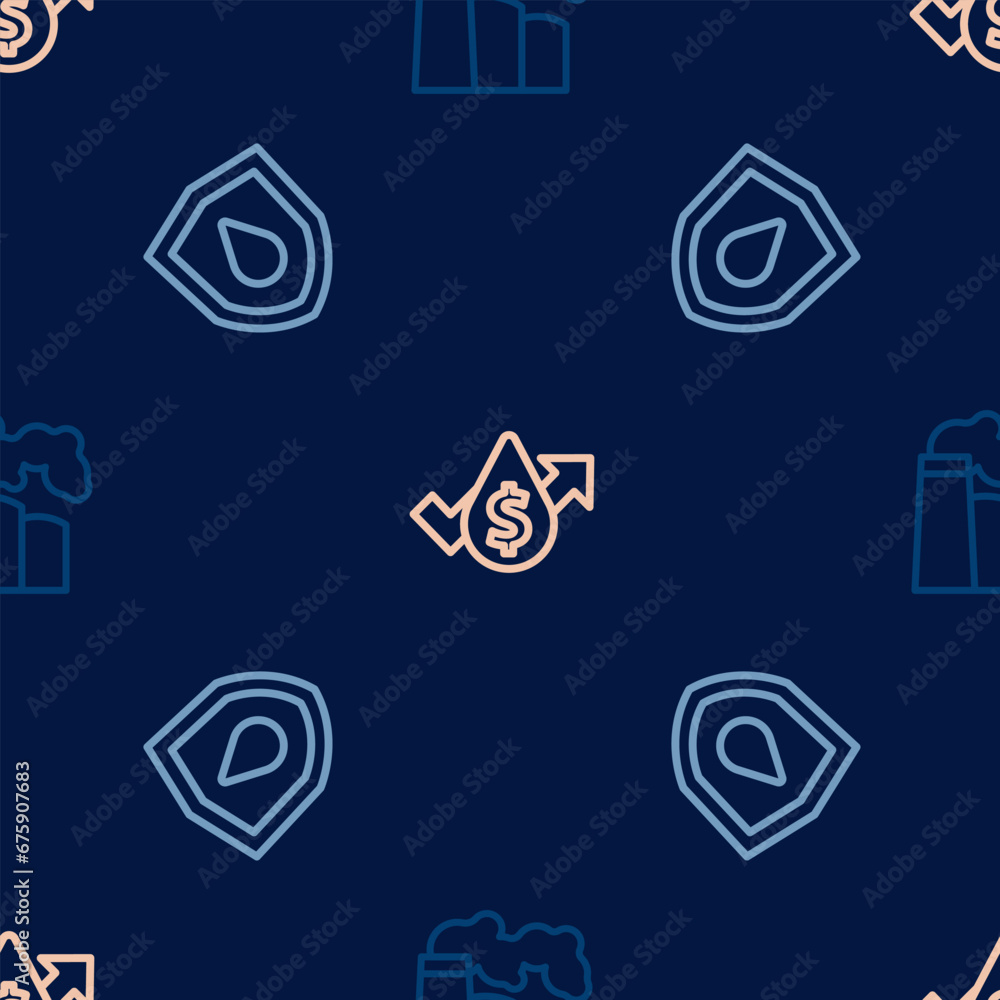 Set line Oil and gas industrial factory, drop on shield and price increase on seamless pattern. Vector Set line Oil and gas industrial factory, drop on shield and price increase on seamless pattern. Vector