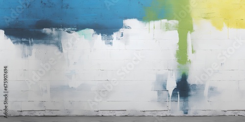 A paint strokes artistically applied on a rough, textured concrete block wall, providing ample copy space. This image serves as a creative, abstract background or wallpaper.