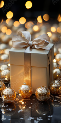 Elegant gold Christmas balls and a gift box create a festive display.