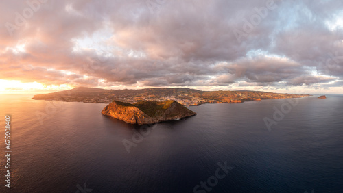 Drone shot of sunset at Monte Brasil Caldeira in the south of the Portuguese island of Terceira in the Azores
