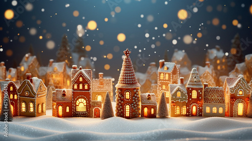 Gingerbread Town Village: Festive Abstract Christmas Decoration with Bokeh Lights