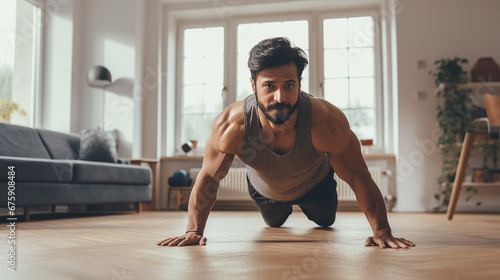 young indian man doing pushup exercise in living room photo