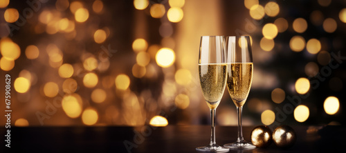Two champagne flutes on a table, illuminated by lights, creating an elegant and romantic ambiance.