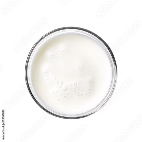a glass of fresh white milk top view isolated on a transparent background