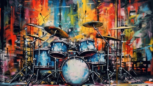 Generative AI, Jazz music street art with drums musical instrument silhouette. Ink colorful graffiti art on a textured wall, canvas background. 