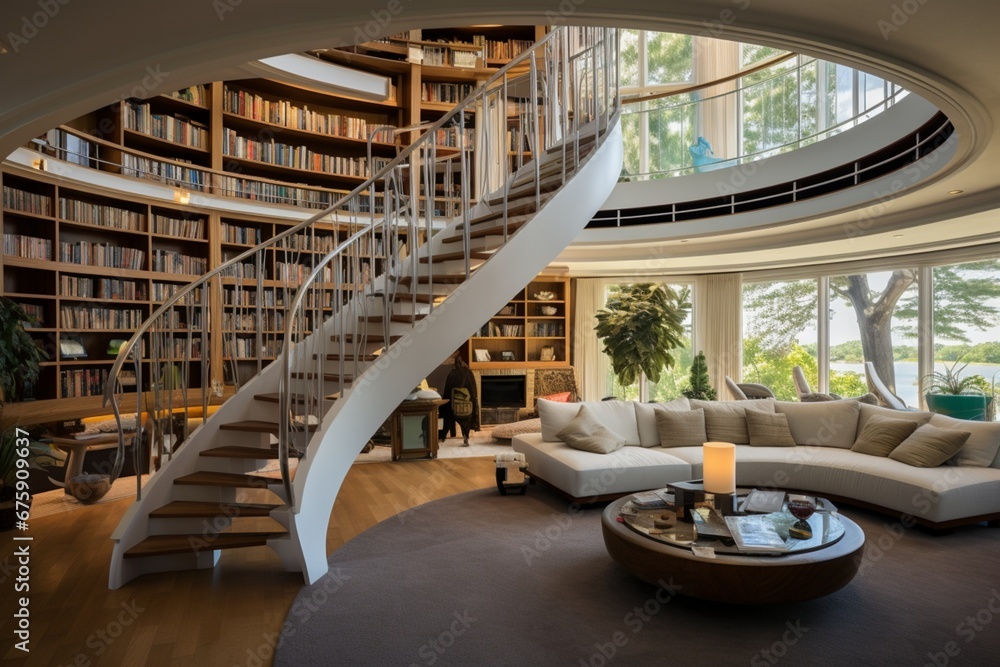 Obraz premium two-story library with a stunning spiral staircase as the focal point