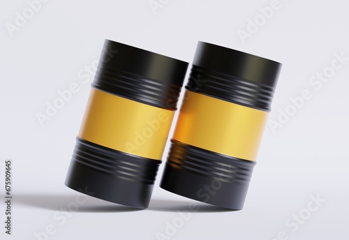 Drum Container oil industry. Gold and black barrels with oil drop label on spilled puddle of crude oil. Object of illustration isolated on white background