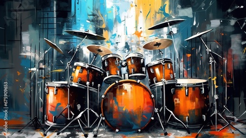 Generative AI, Jazz music street art with drums musical instrument silhouette. Ink colorful graffiti art on a textured wall, canvas background.	
 photo