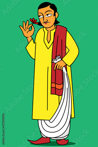 Bangali Babu with Sweets. Traditional dressed Bangali Babu, Traditional fashion, Mishti Dahi, Rasgulla, mithai. Bengali culture, Indian dressed. character. 20th century, vector illustration