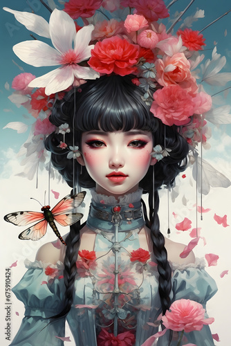 Frostbitten Elegance: Korean Psycho Winter Victorian Marionette Doll with Delicate Dragonfly Flowers
