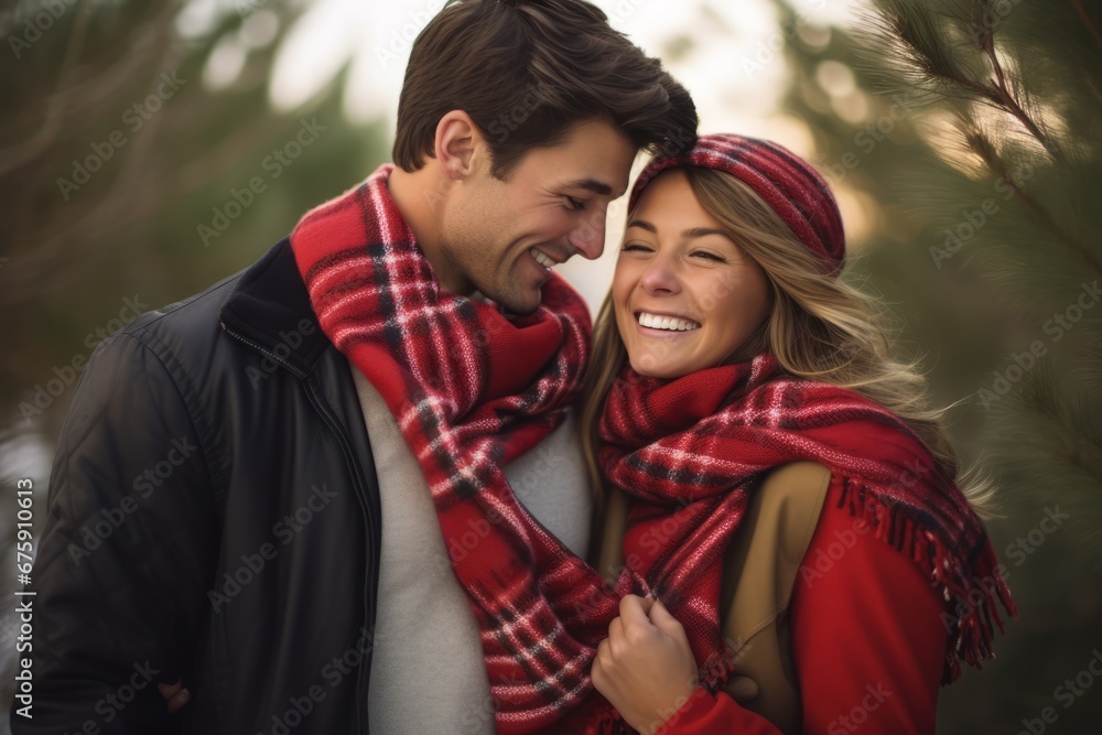 An Adorable Couple Wrapped in a Single Christmas Scarf Celebrating the Festive Season Together An Adorable Couple Wrapped in a Single Christmas Scarf Celebrating the Festive Season Together
