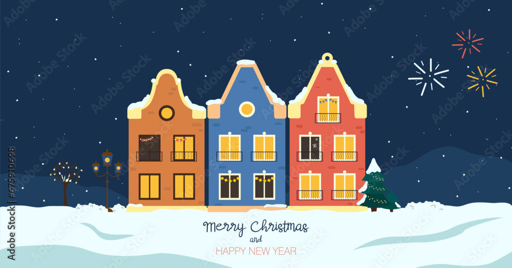 Merry Christmas and Happy New Year. Christmas winter city. Houses on the background of winter landscape. Flat style