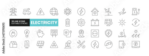 Set of 36 Electricity line icons set. Electricity outline icons with editable stroke collection. Includes Battery, Solar Panel, Bulb, Hazard, Energy Saving, and More.	