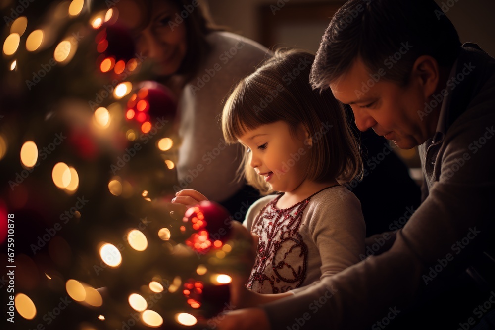 An Intimate Moment of Family Togetherness as They Decorate their Christmas Tree with Ornaments