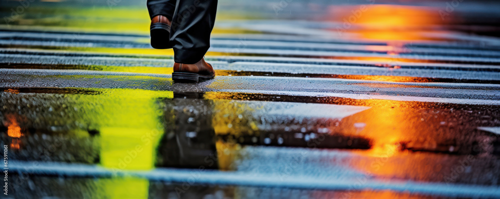 gros plan sur un homme qui marche sur un passage piéton dans une rue où le sol mouillé reflète les lumières de la ville orange et verte - obrazy, fototapety, plakaty 