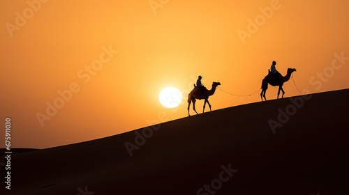 dromadaires avec des personnes dessus qui montent la pente d une dune dans le d  sert au soleil couchant