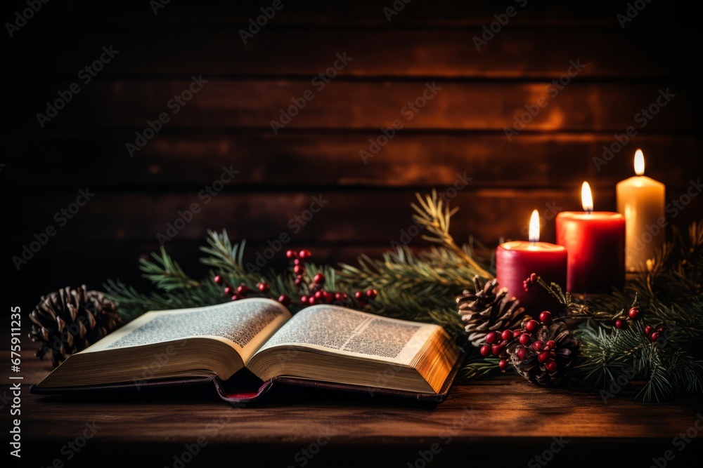 custom made wallpaper toronto digitalThe Christmas Story Unfolds from an Open Bible Surrounded by Festive Decorations