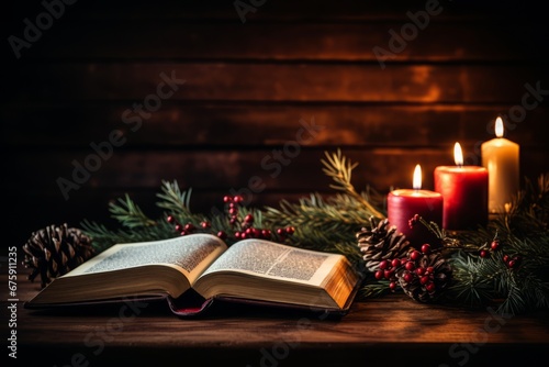 The Christmas Story Unfolds from an Open Bible Surrounded by Festive Decorations