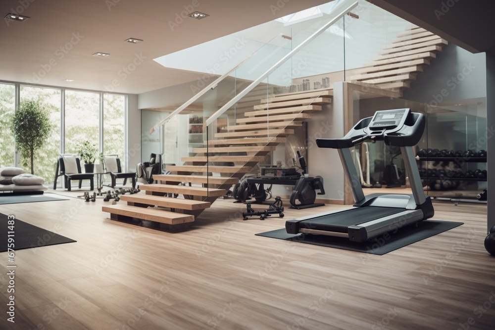 A room with a staircase into a home gym with exercise equipment A room with a staircase into a home gym with exercise equipment