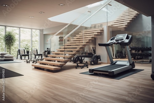 A room with a staircase into a home gym with exercise equipment